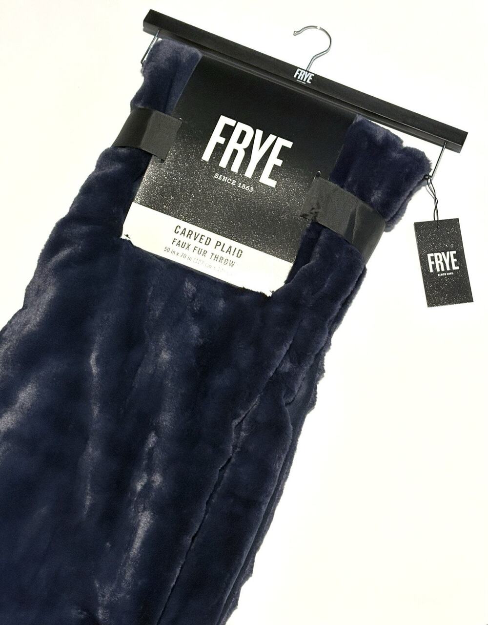 FRYE Faux Fur Throw Blanket Dark Navy Blue TEXTURED plaid 50 X 70" NWT